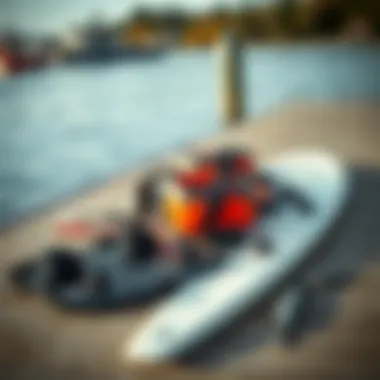 Essential wake surfing gear laid out on a dock
