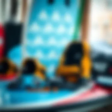 Safety equipment displayed next to a wake surfing board