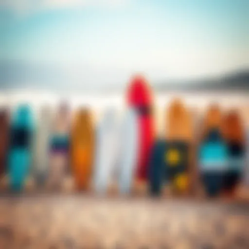 Diverse range of bodyboards displayed on a sandy beach