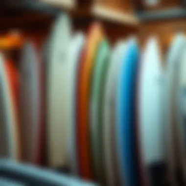 Diverse Surfboard Shapes A close-up view of various surfboard shapes on display