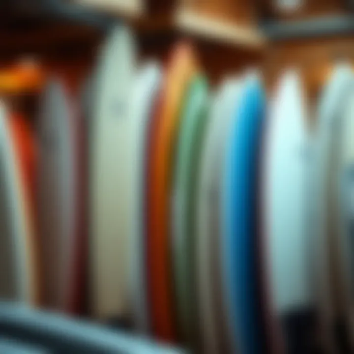 Diverse Surfboard Shapes A close-up view of various surfboard shapes on display