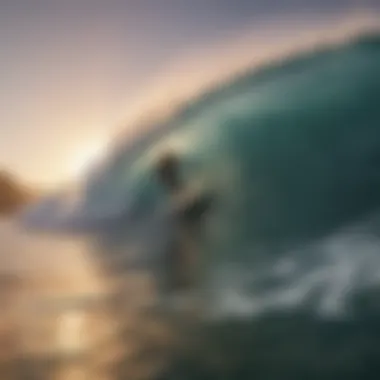 Surfers riding the waves at sunset in the Caribbean.