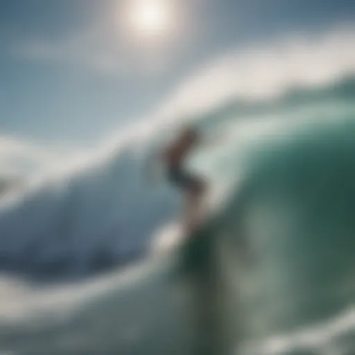 A surfer navigating waves with strong winds