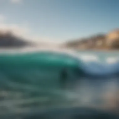 A vibrant coastal town with surfers enjoying the waves