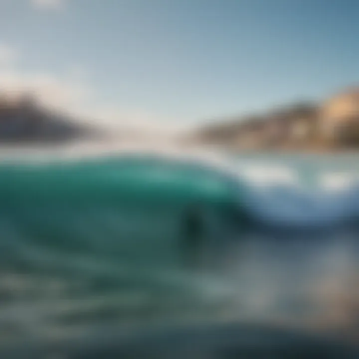 A vibrant coastal town with surfers enjoying the waves