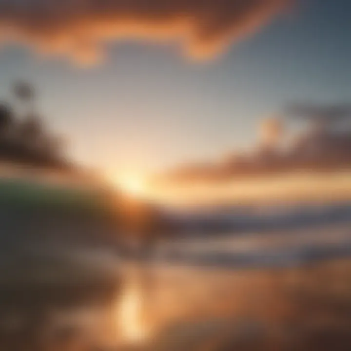 Stunning sunset over a serene beach with surfers catching waves