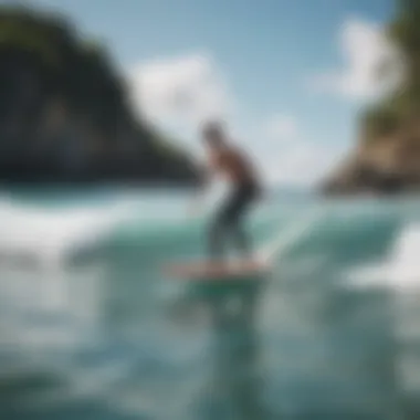 A beginner surfer taking lessons with a professional instructor in calm waters