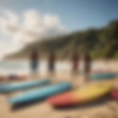 A vibrant beach atmosphere showcasing surfboards and beachgoers enjoying the sun