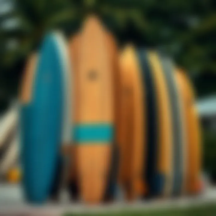 Variety of longboards lined up, highlighting different shapes and materials.