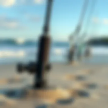 A surf fishing rod holder securely anchored in the sand