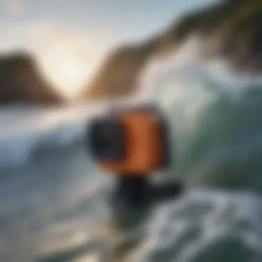 Rugged Waterproof WiFi Camera in Action A rugged waterproof WiFi camera capturing stunning sea waves