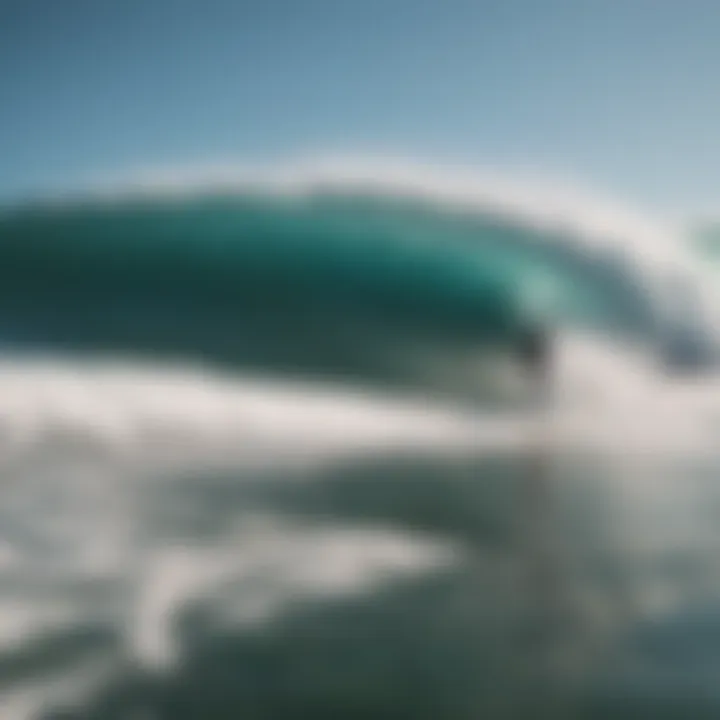 A coastal scene showing surfers and wind conditions.