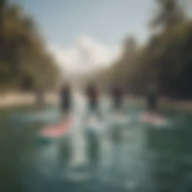 A group of paddle boarders participating in a community event on the water.