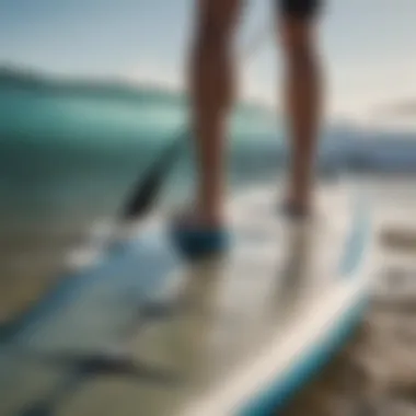 Close-up of essential paddle boarding gear including a paddle and board.