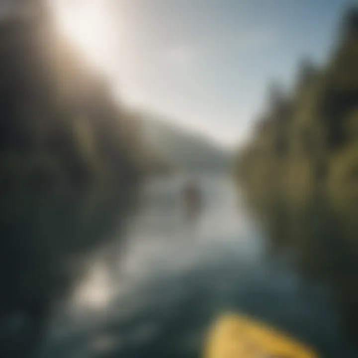 A serene lake with paddle boarders enjoying a sunny day.