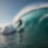 Surfer demonstrating Boostsurf technique on a vibrant wave