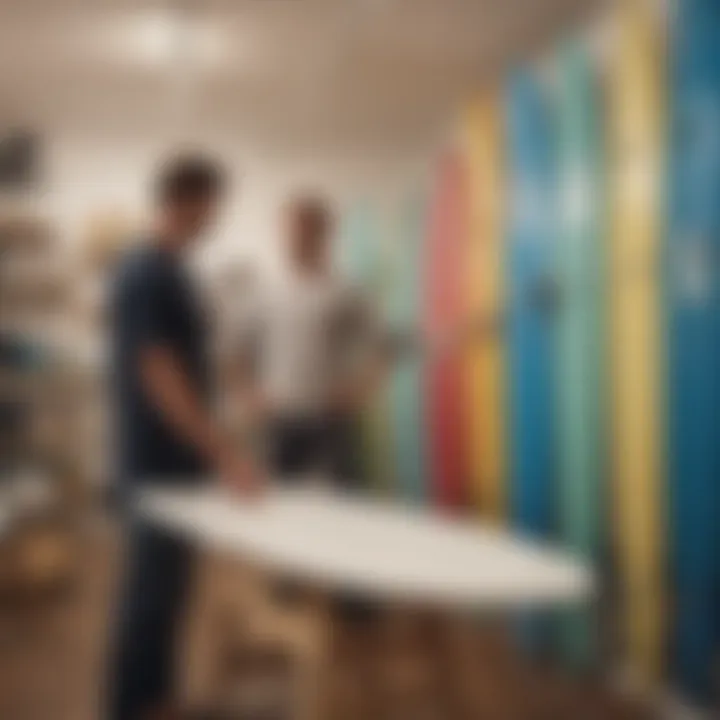 A beginner examining a surfboard in a shop