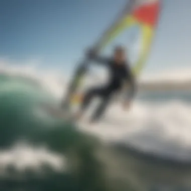 A dynamic action shot of a windsurfer skillfully maneuvering through waves