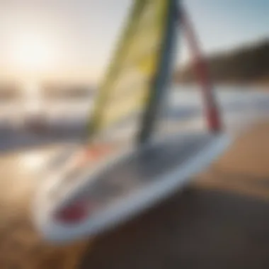 Close-up of windsurfing equipment including sail and board on the shore