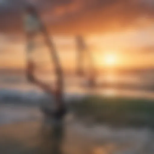 A vibrant sunset over a California beach with windsurfers gliding on the water