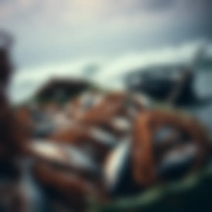 Overfishing depicted through empty nets and declining fish stocks