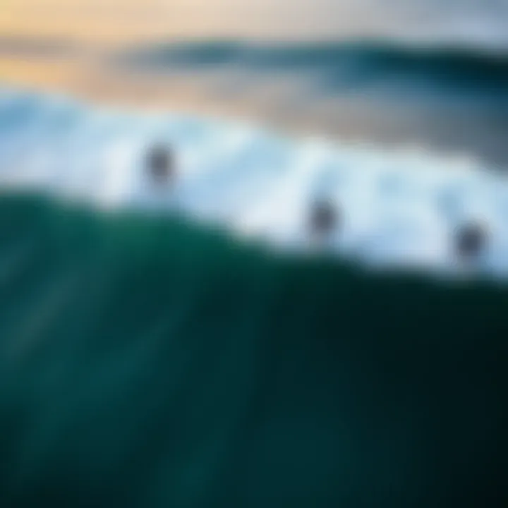 Aerial view of surfers riding waves with wind direction noted