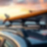 A Yakima roof rack showcasing its design and functionality for surfboards.