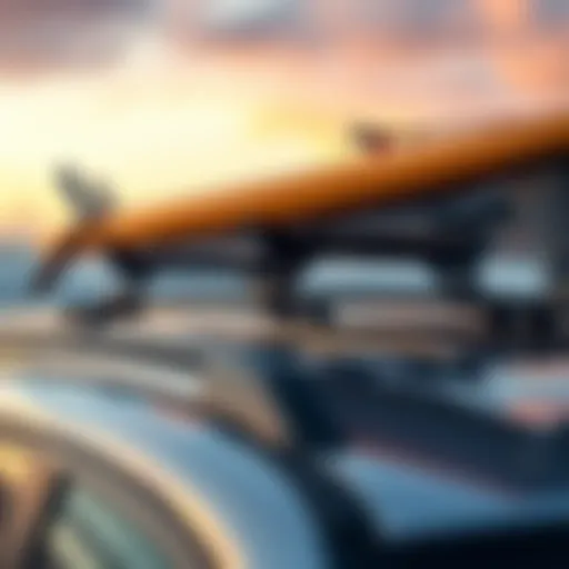 A Yakima roof rack showcasing its design and functionality for surfboards.