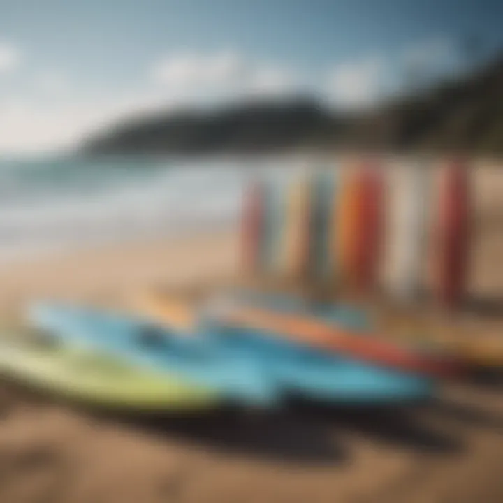 Different types of paddleboards lined up on a beach