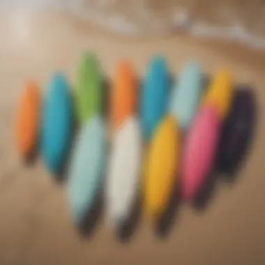 A colorful array of surfboards displayed on the beach