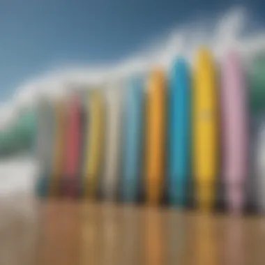 Various foam surfboards lined up