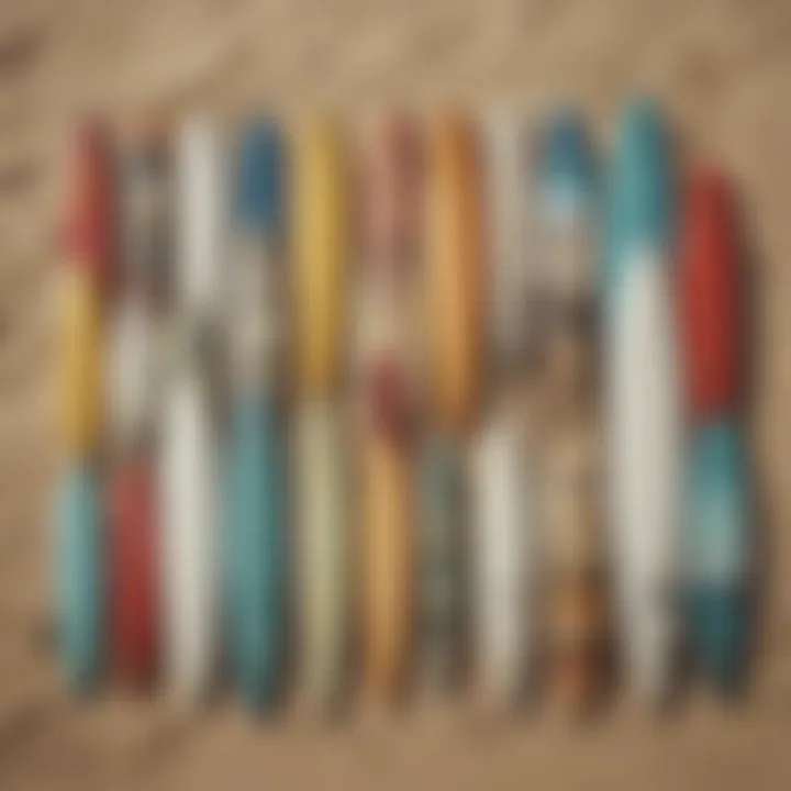 An array of modern surfboards displayed on a beach