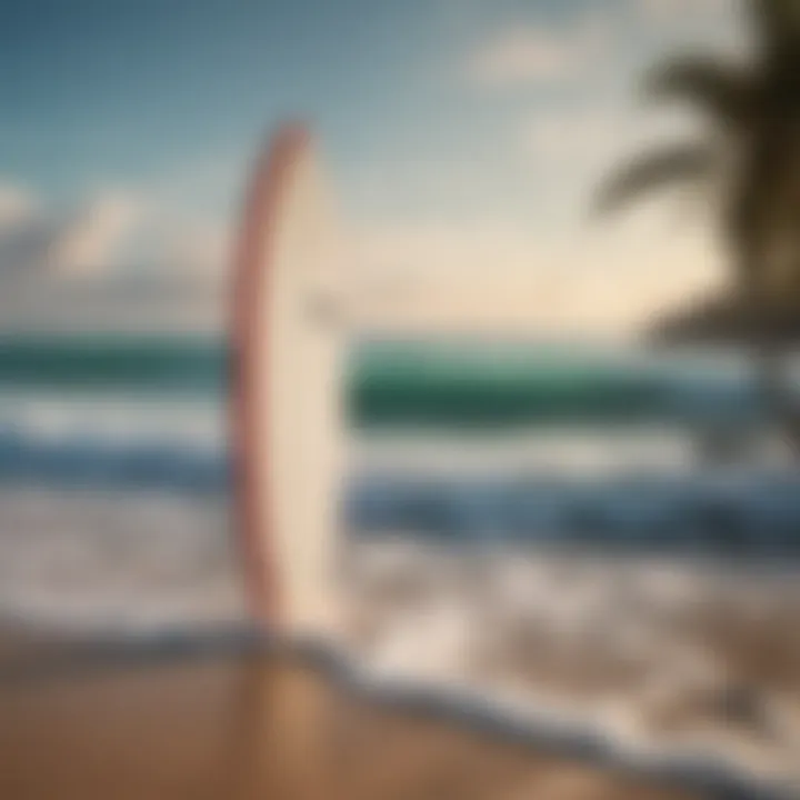 Foam surfboard displayed against a backdrop of a vibrant beach