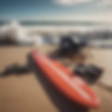 Close-up of essential surfing gear laid out on a sandy beach