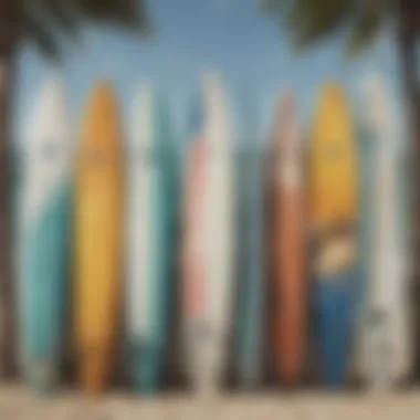 Various surfboard display racks arranged in an aesthetically pleasing outdoor environment.