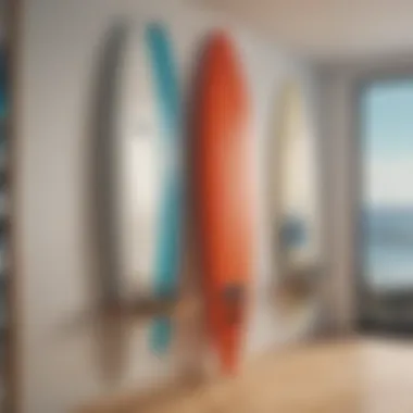 Surfboard display rack mounted on a wall, demonstrating space-saving techniques.