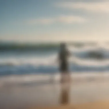 A tranquil beach scene with a surf fishing rod planted in the sand