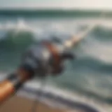 Close-up of a surf fishing rod showcasing its features