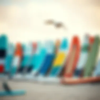 An array of stand-up paddle boards lined up on a sandy beach, showcasing different designs and colors.