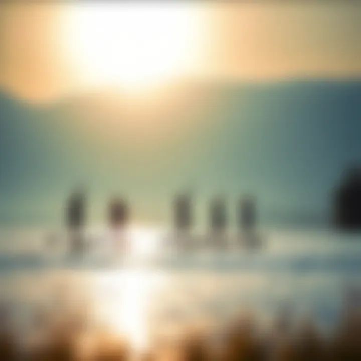 A group of enthusiasts engaging in a stand-up paddle board yoga session on a tranquil lake.