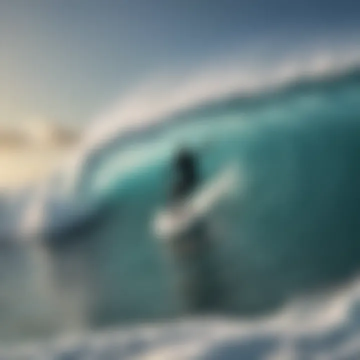 A surfboarding enthusiast enjoying the waves with sharks swimming in the background.