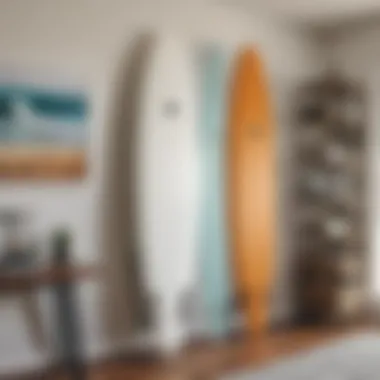 Finished vertical surfboard wall rack in a modern home setting