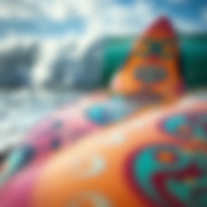 A custom surfboard showcasing intricate designs and vibrant colors.