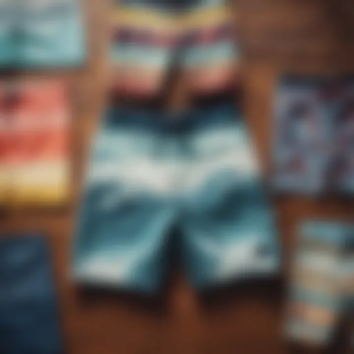 Various styles of board shorts arranged artistically