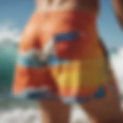 Vibrant board shorts displayed in a natural beach setting