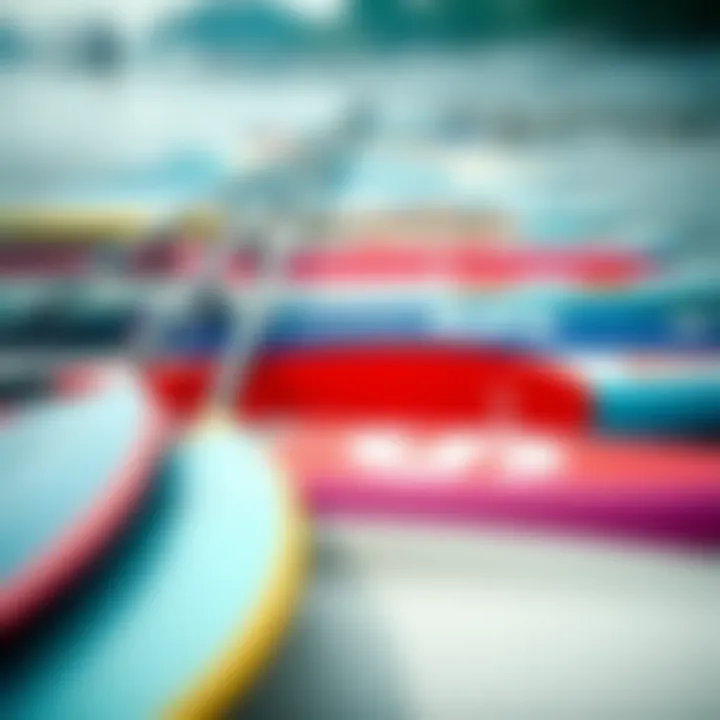 A vibrant display of various SUP paddle lengths arranged neatly side by side, showcasing their differences.