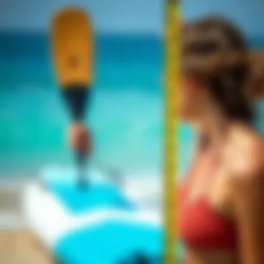 An athlete measuring their height against a paddle to determine the ideal length for optimal performance.