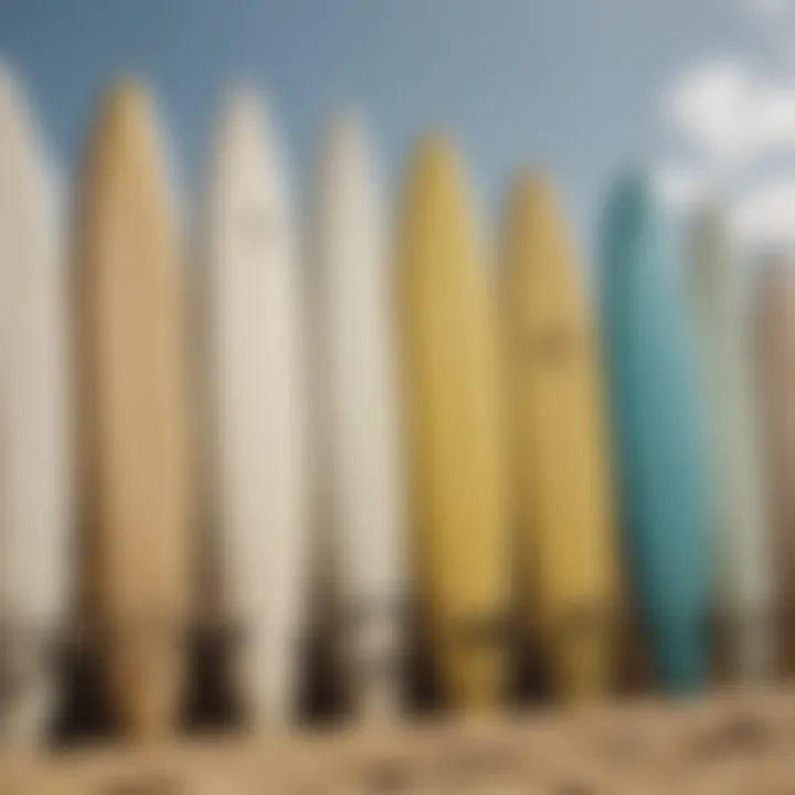 A selection of surfboards of varying lengths on a sandy beach