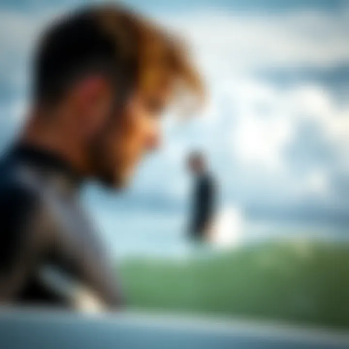 Surfer examining wetsuit fit before hitting the waves