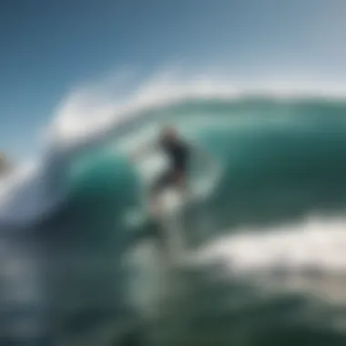 A person riding a skimboard over the waves